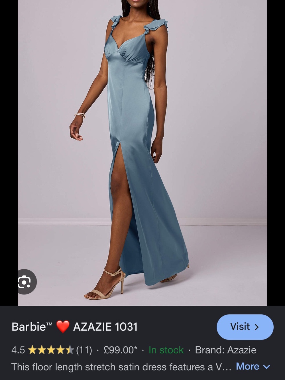 Azazie Dusty Blue Satin V-Neck Maxi Dress with Front Slit